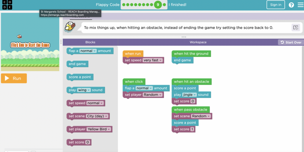 An example of my flappy bird game, showing my coding.
