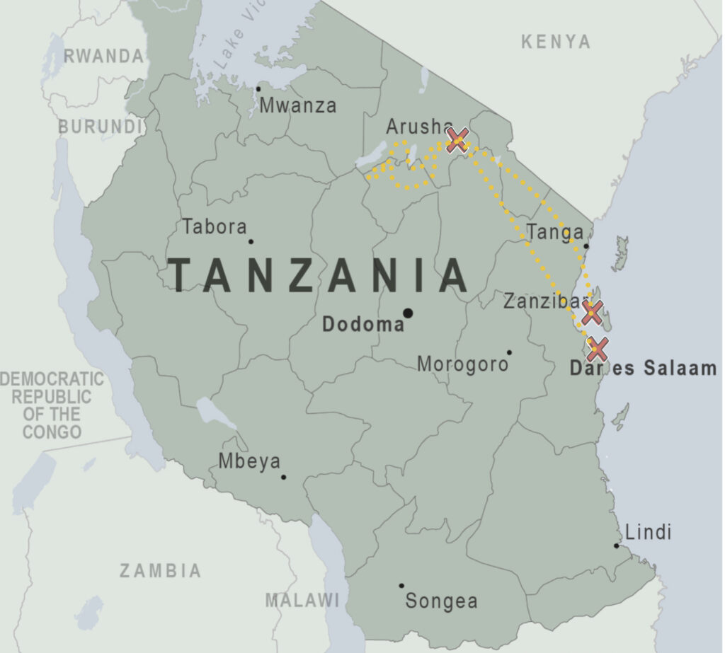 Map of Tanzania with a dotted line for between Dar es Salaam, Arusha and Zanzibar. 